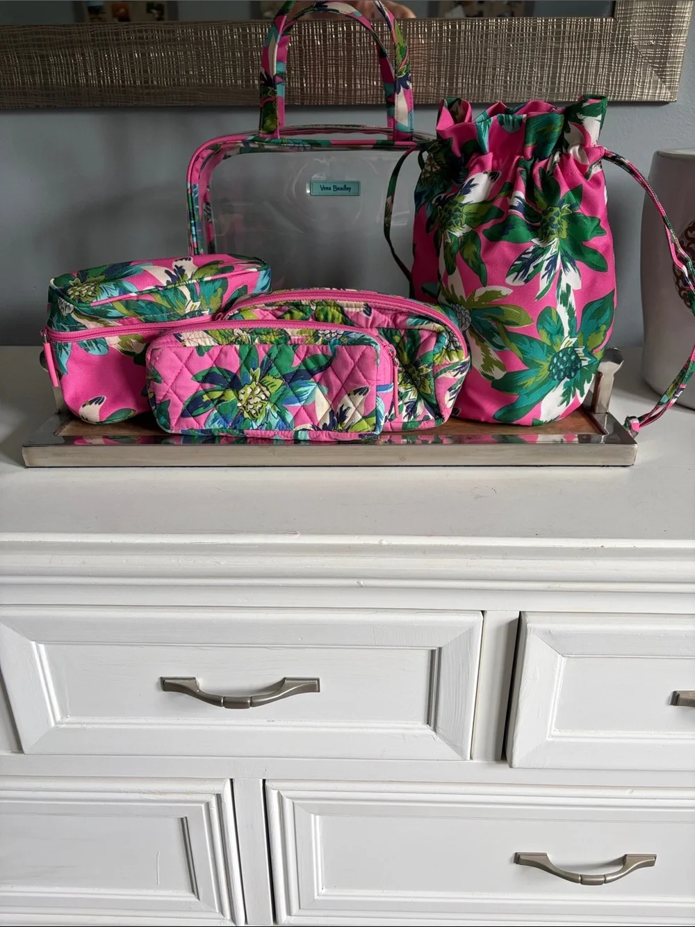 Vera Bradley Pink & Green Floral Quilted Cosmetic Travel Bag Set